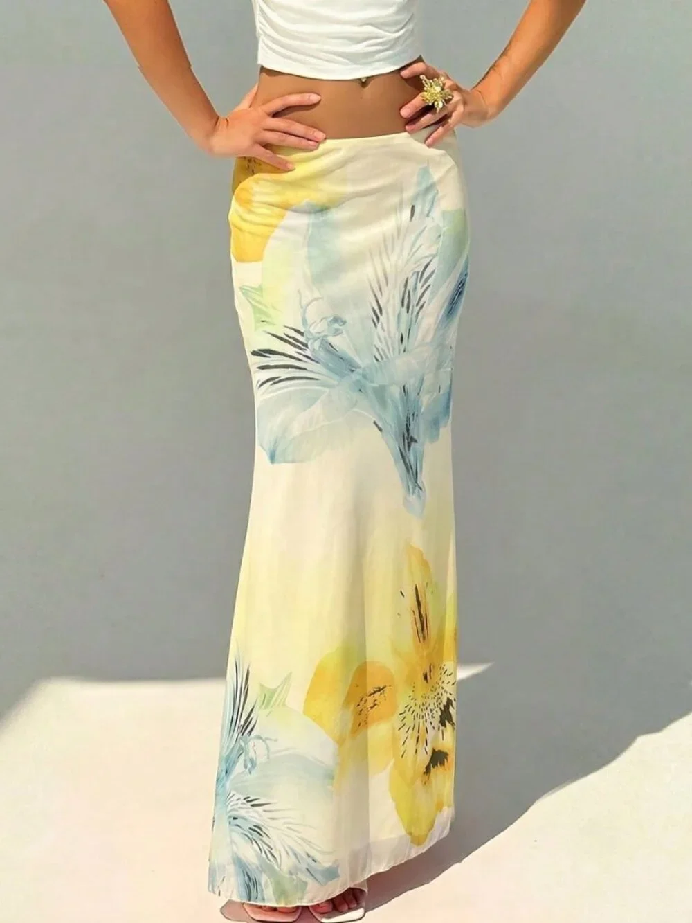 Yellow Boho Women's Elegant Floral Print Low Waist Skirt